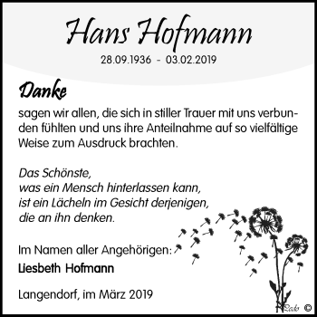Traueranzeige von Hans Hofmann von WVG - Wochenspiegel NMB / WSF / ZTZ
