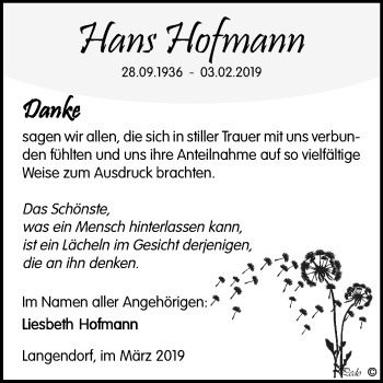 Traueranzeige von Hans Hofmann von Mitteldeutsche Zeitung Weißenfels