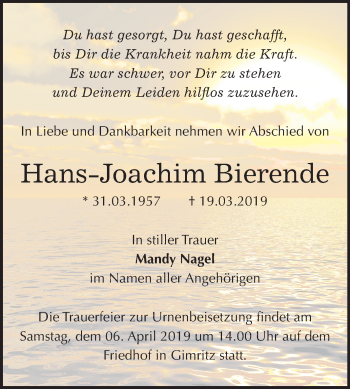 Traueranzeige von Hans-Joachim Bierende von Mitteldeutsche Zeitung Halle/Saalkreis