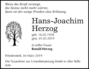 Traueranzeige von Hans-Joachim Herzog von Mitteldeutsche Zeitung Mansfelder Land