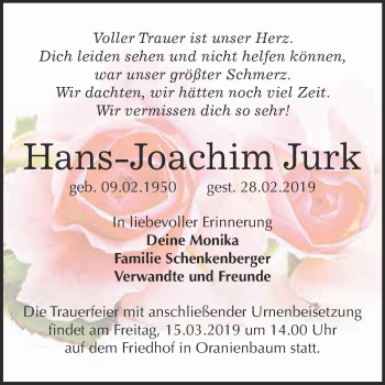 Traueranzeige von Hans-Joachim Jurk von Super Sonntag Wittenberg