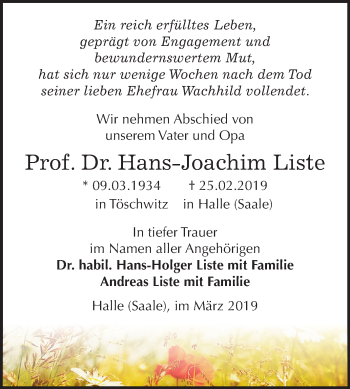 Traueranzeige von Hans-Joachim Liste von Mitteldeutsche Zeitung Halle/Saalkreis