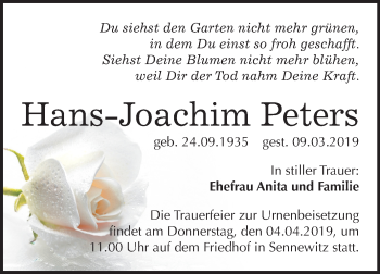 Traueranzeige von Hans-Joachim Peters von Mitteldeutsche Zeitung Halle/Saalkreis