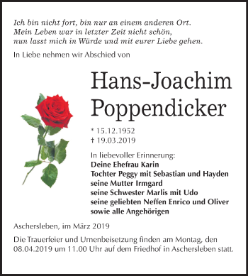 Traueranzeige von Hans-Joachim Poppendicker von Mitteldeutsche Zeitung