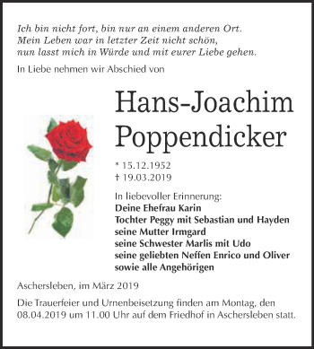 Traueranzeige von Hans-Joachim Poppendicker von Super Sonntag Aschersleben