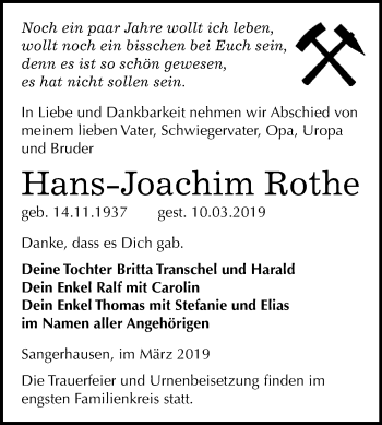 Traueranzeige von Hans-Joachim Rothe von Super Sonntag SGH Mansf. Land