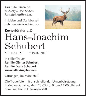 Traueranzeige von Hans-Joachim Schubert von WVG - Wochenspiegel SGH