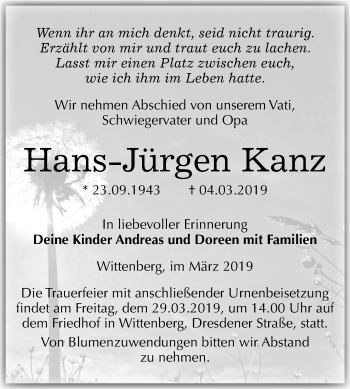 Traueranzeige von Hans-Jürgen Kanz von Mitteldeutsche Zeitung