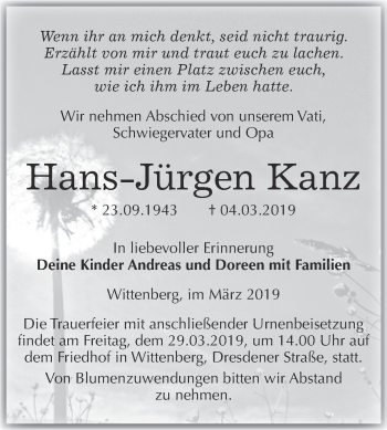 Traueranzeige von Hans-Jürgen Kanz von WVG - Wochenspiegel Wittenberg