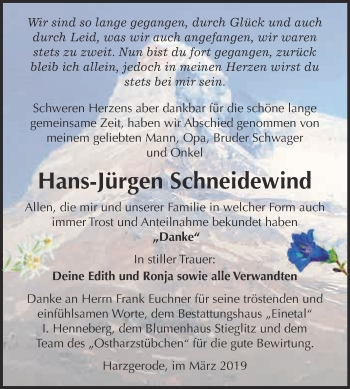 Traueranzeige von Hans-Jürgen Schneidewind von Super Sonntag Quedlinburg