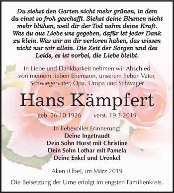 Traueranzeige von Hans Kämpfert von WVG - Wochenspiegel Dessau / Köthen