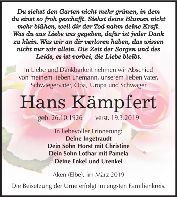 Traueranzeige von Hans Kämpfert von Mitteldeutsche Zeitung Köthen