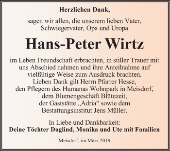Traueranzeige von Hans-Peter Wirtz von Mitteldeutsche Zeitung Quedlinburg