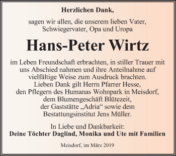 Traueranzeige von Hans-Peter Wirtz von Super Sonntag Aschersleben