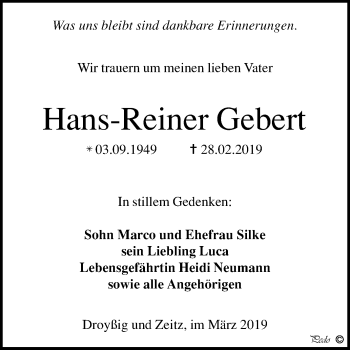 Traueranzeige von Hans-Reiner Gebert von WVG - Wochenspiegel NMB / WSF / ZTZ