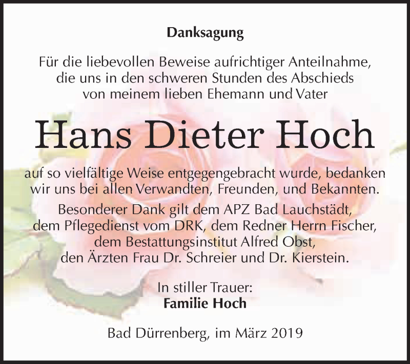  Traueranzeige für Hans Dieter Hoch vom 30.03.2019 aus WVG - Wochenspiegel Merseburg