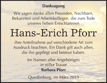 Traueranzeige von Hans Erich Pforr von Mitteldeutsche Zeitung Quedlinburg