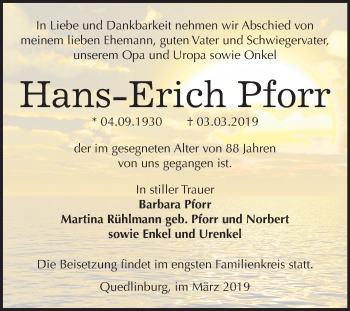 Traueranzeige von Hans Erich Pforr von Mitteldeutsche Zeitung Quedlinburg