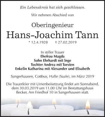 Traueranzeige von Hans Joachim Tann von Mitteldeutsche Zeitung