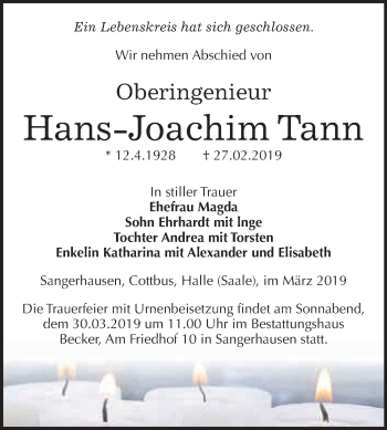 Traueranzeige von Hans Joachim Tann von Super Sonntag SGH Mansf. Land
