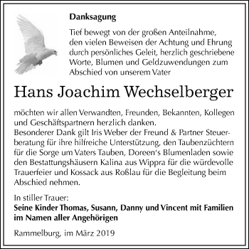 Traueranzeige von Hans Joachim Wechselberger von Super Sonntag SGH Mansf. Land