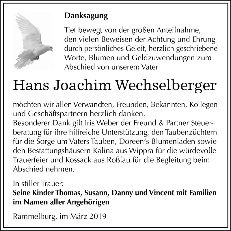  Traueranzeige für Hans Joachim Wechselberger vom 09.03.2019 aus Mitteldeutsche Zeitung