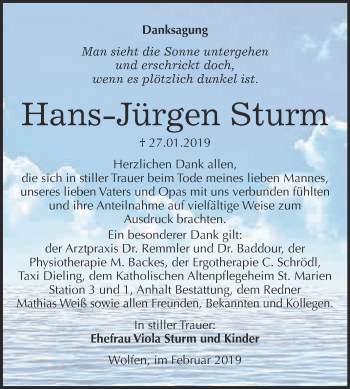 Traueranzeige von Hans Jürgen Sturm von WVG - Wochenspiegel Bitterfeld