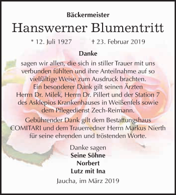 Traueranzeige von Hanswerner Blumentritt von WVG - Wochenspiegel NMB / WSF / ZTZ