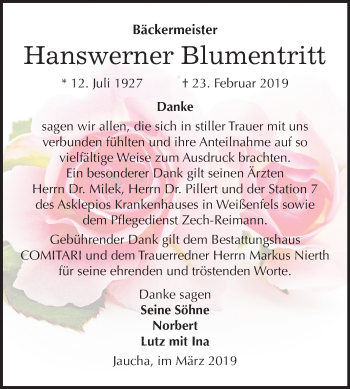 Traueranzeige von Hanswerner Blumentritt von Mitteldeutsche Zeitung Weißenfels