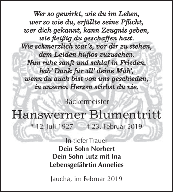 Traueranzeige von Hanswerner Blumentritt von WVG - Wochenspiegel NMB / WSF / ZTZ