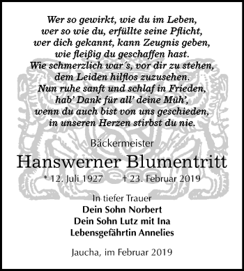 Traueranzeige von Hanswerner Blumentritt von Mitteldeutsche Zeitung Weißenfels