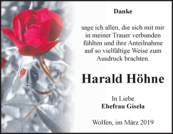 Traueranzeige von Harald Höhne von WVG - Wochenspiegel Bitterfeld