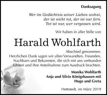 Traueranzeige von Harald Wohlfarth von Mitteldeutsche Zeitung Mansfelder Land
