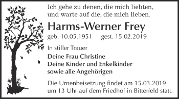 Traueranzeige von Harms-Werner Frey von WVG - Wochenspiegel Bitterfeld