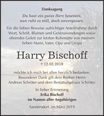 Traueranzeige von Harry Bischoff von WVG - Wochenspiegel Bitterfeld