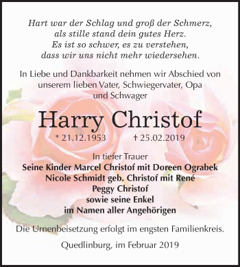 Traueranzeige von Harry Christof von WVG - Wochenspiegel Quedlinburg