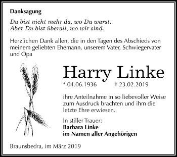 Traueranzeige von Harry Linke von WVG - Wochenspiegel Merseburg