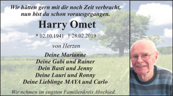 Traueranzeige von Harry Omet von Mitteldeutsche Zeitung Dessau-Roßlau