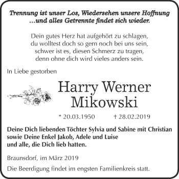 Traueranzeige von Harry Werner Mikowski von WVG - Wochenspiegel Wittenberg