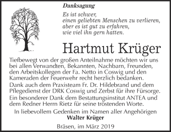 Traueranzeige von Hartmut Krüger von Super Sonntag Wittenberg