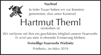 Traueranzeige von Hartmut Theml von WVG - Wochenspiegel NMB / WSF / ZTZ