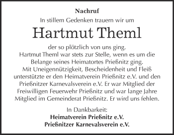 Traueranzeige von Hartmut Theml von WVG - Wochenspiegel NMB / WSF / ZTZ