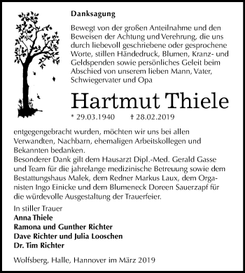 Traueranzeige von Hartmut Thiele von Super Sonntag SGH Mansf. Land