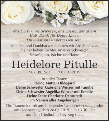 Traueranzeige von Heidelore Pitulle von WVG - Wochenspiegel NMB / WSF / ZTZ