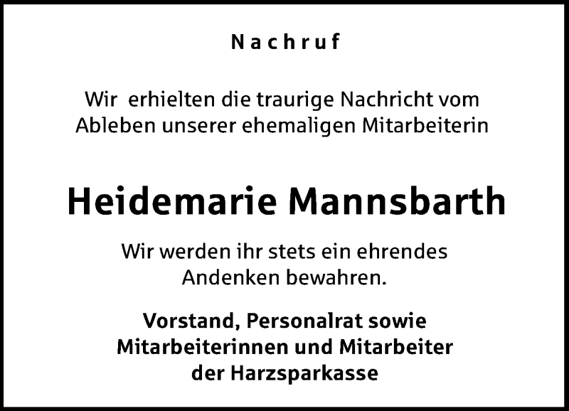  Traueranzeige für Heidemarie Mannsbarth vom 30.03.2019 aus Mitteldeutsche Zeitung