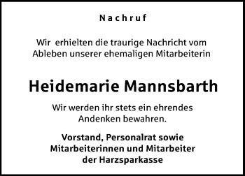 Traueranzeige von Heidemarie Mannsbarth von Mitteldeutsche Zeitung