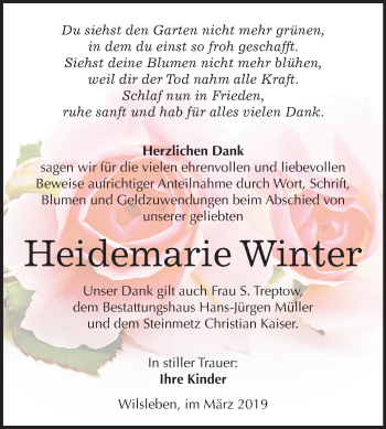 Traueranzeige von Heidemarie Winter von Mitteldeutsche Zeitung Aschersleben
