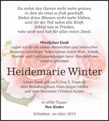 Traueranzeige von Heidemarie Winter von Super Sonntag Aschersleben