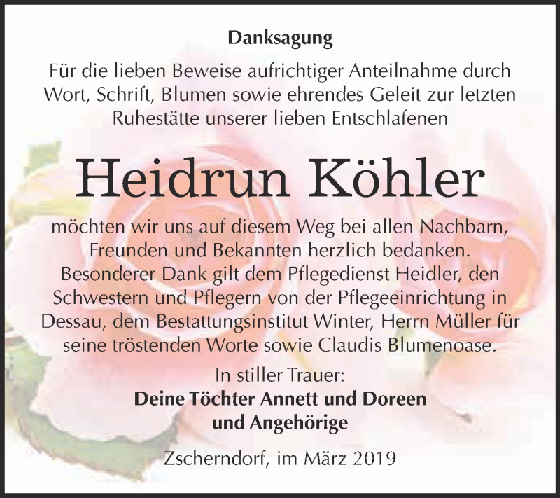  Traueranzeige für Heidrun Köhler vom 27.03.2019 aus WVG - Wochenspiegel Bitterfeld