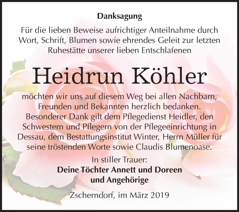  Traueranzeige für Heidrun Köhler vom 30.03.2019 aus Mitteldeutsche Zeitung